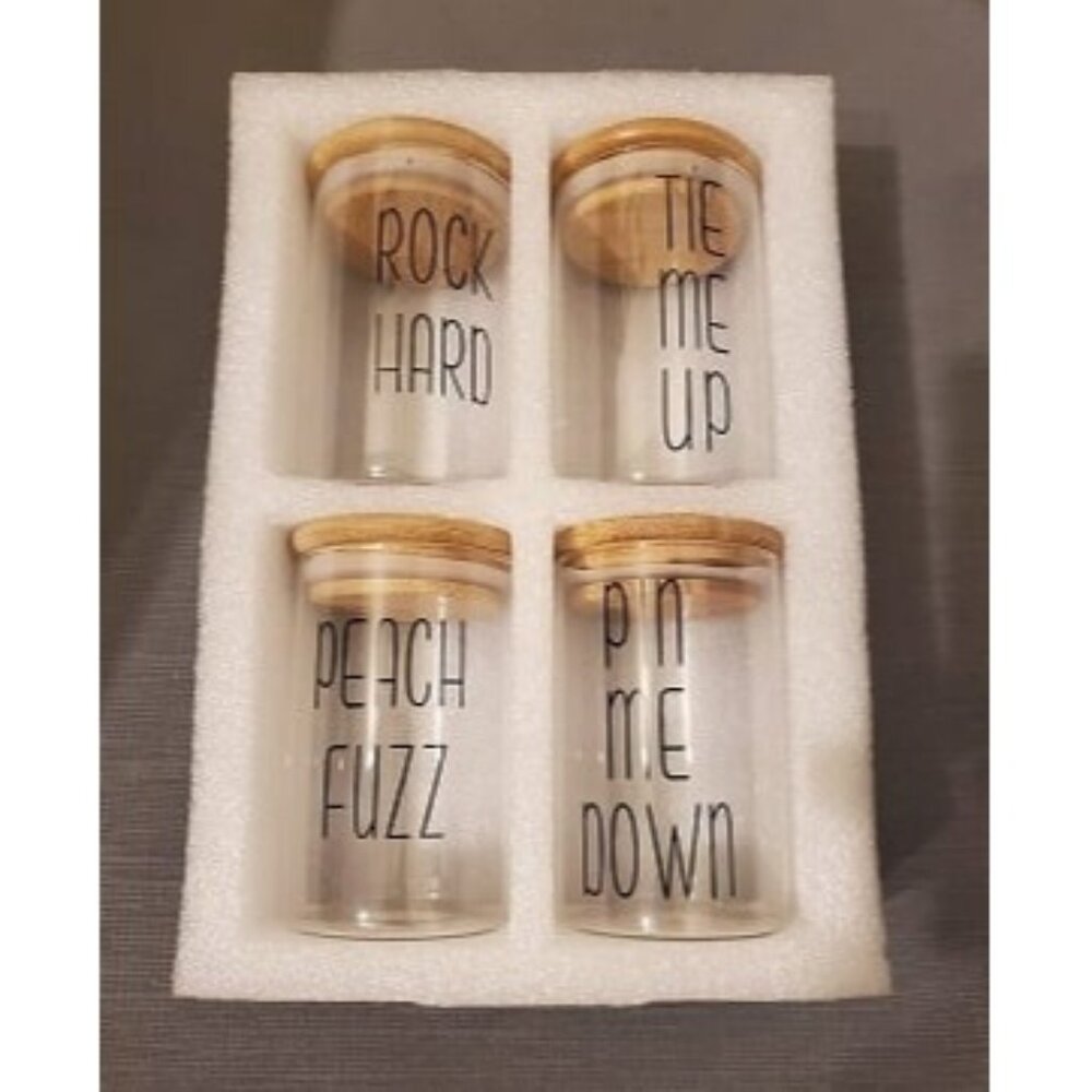 New Funny Glass Apothecary Jars with Lids for Bathroom Storage Organizer, 4 Pack